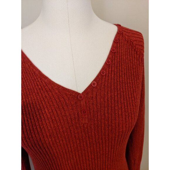 Vintage Y2K Rust Red Ribbed V-Neck Sweater Knit Top Cotton School Bella Swan L - Picture 4 of 10